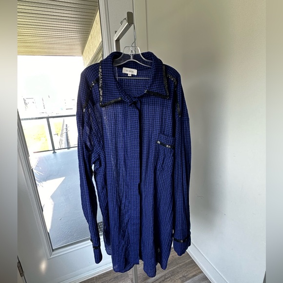 ISA ARFEN OVERSIZED SEQUIN-TRIMMED WOOL CHECKERED  SHIRTDRESS ROYAL BLUE SIZE 12 - Picture 5 of 9